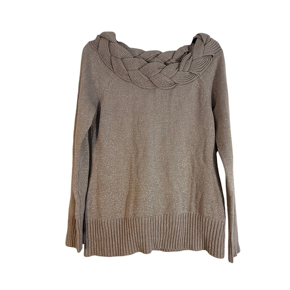 John Paul Richard Braided Neck Metallic Knit Sweater Taupe Silver Medium